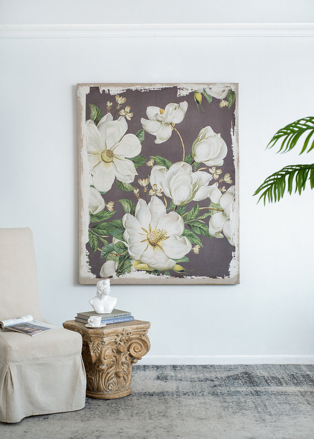 Large Botanical Wall Art Panel in White & Gray