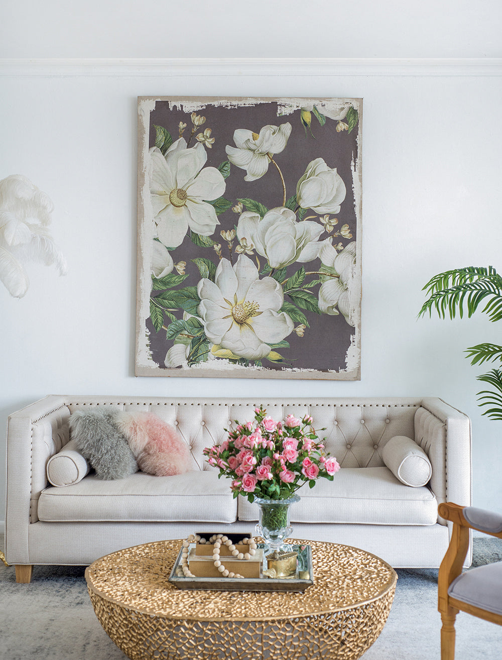Large Botanical Wall Art Panel in White & Gray