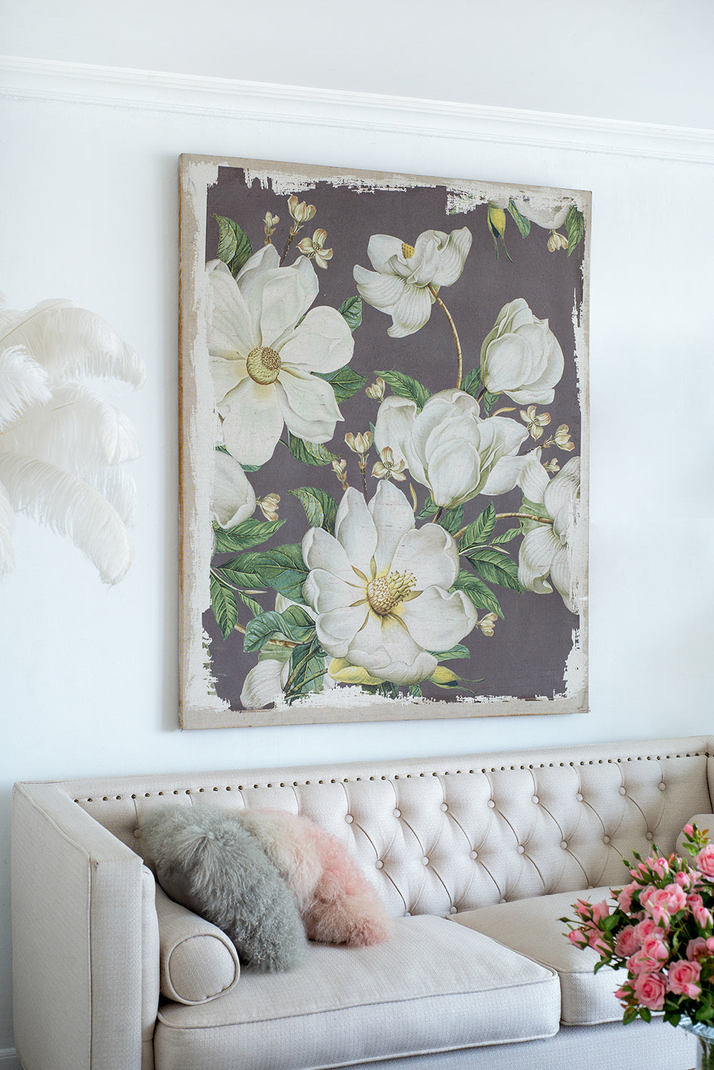 Large Botanical Wall Art Panel in White & Gray