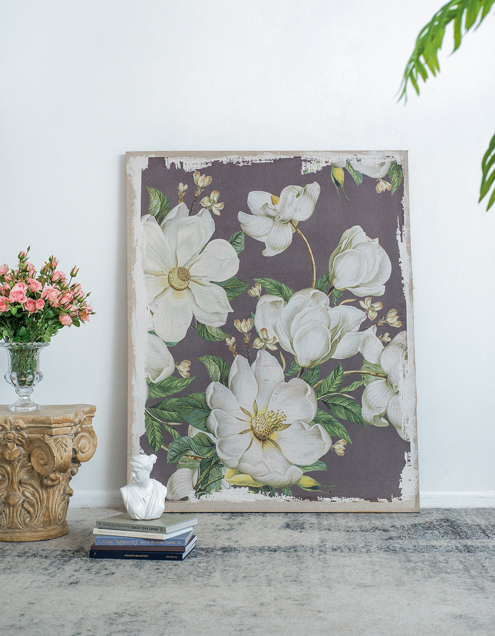 Large Botanical Wall Art Panel in White & Gray
