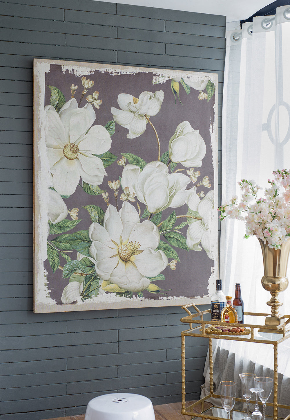 Large Botanical Wall Art Panel in White & Gray