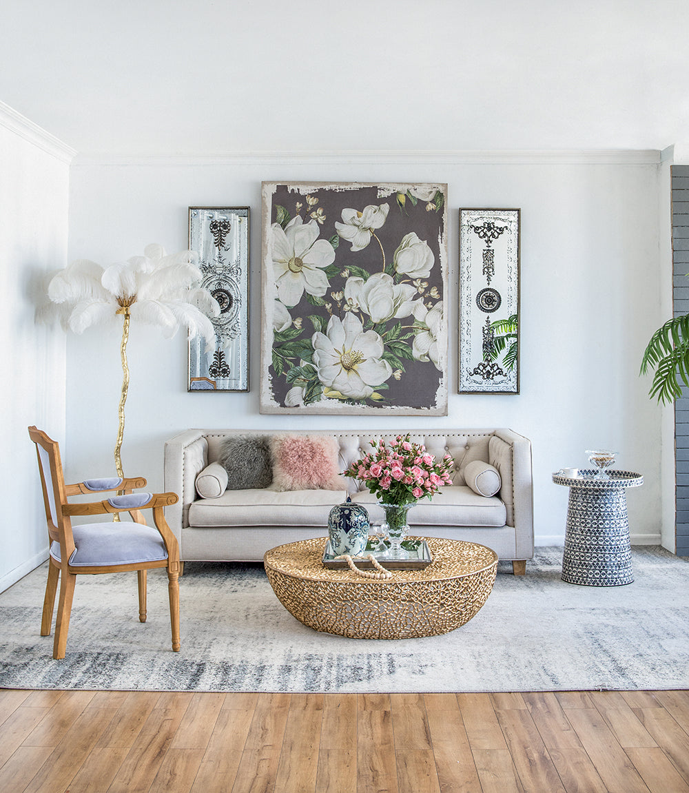 Large Botanical Wall Art Panel in White & Gray