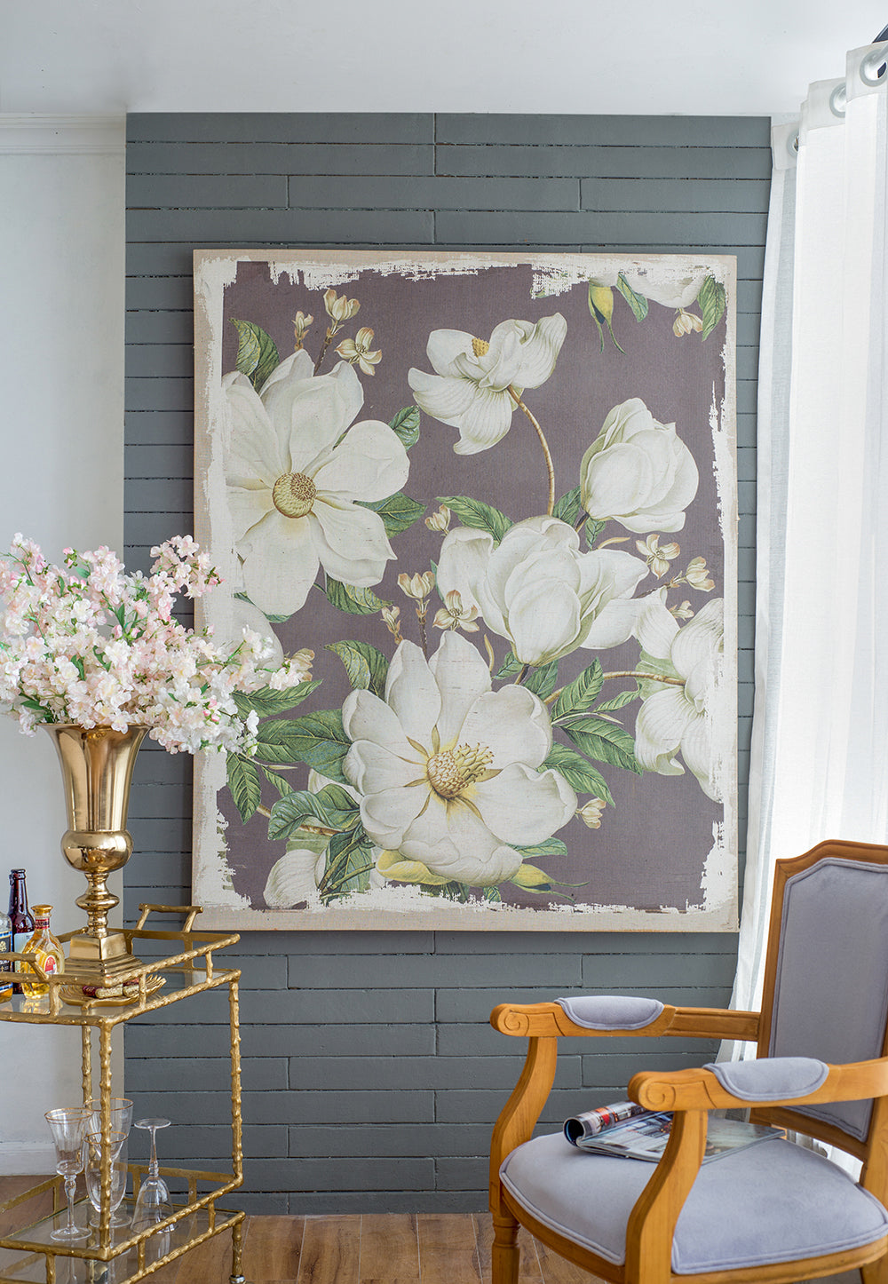 Large Botanical Wall Art Panel in White & Gray