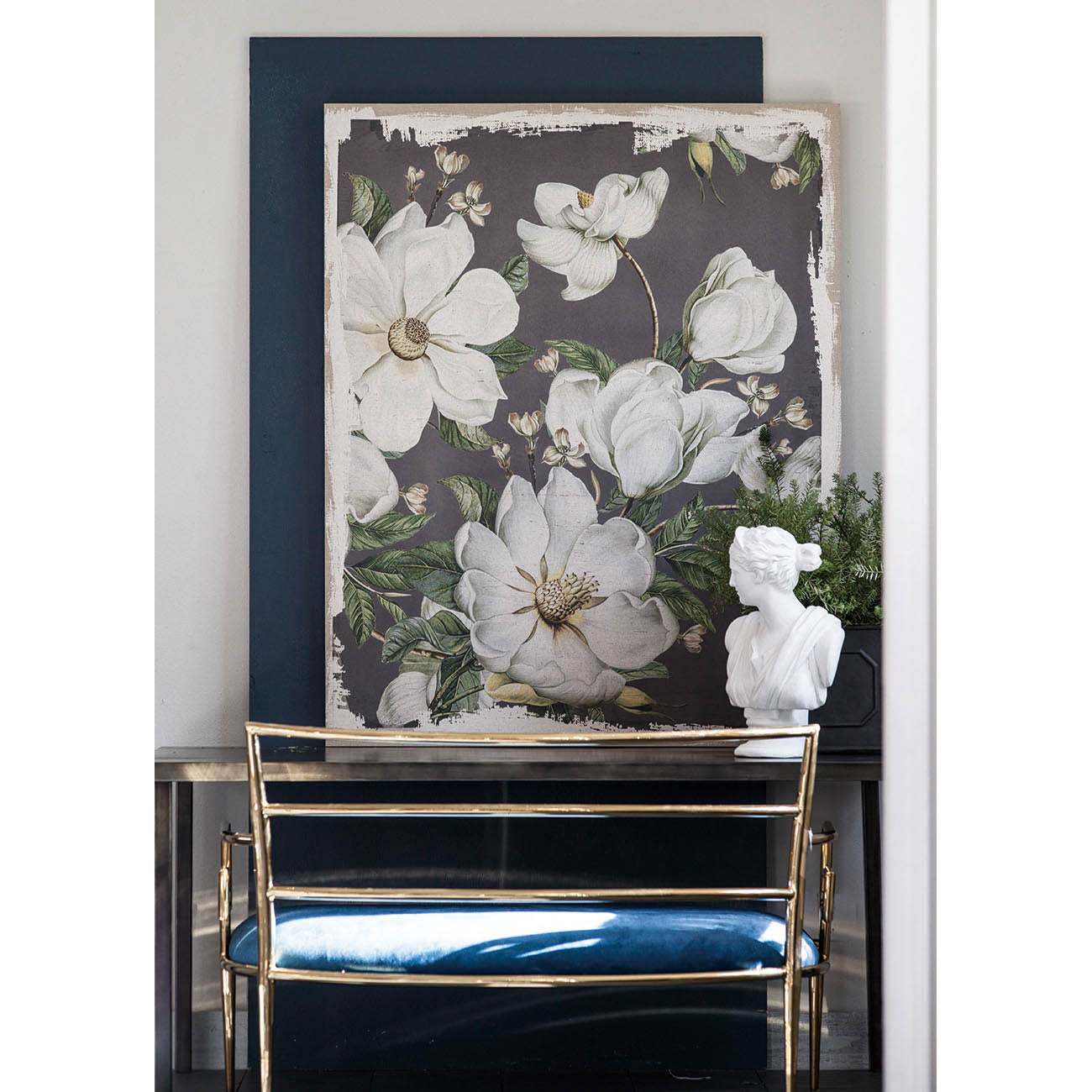 Large Botanical Wall Art Panel in White & Gray
